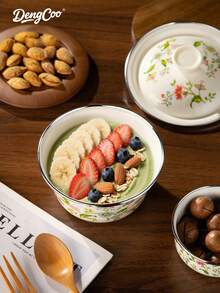 Dengcoo 1pc Enamel-Patterned Rice Bowls With LIDS, Soup Bowls, Instant Noodle Bowls, Enamel Bowls, Scratch-Resistant Metal Material, Dishwasher , Essential Kitchenware For Home Cooking And Camping Meals