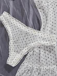 2件套波点睡裙性感女士薄纱网眼内衣吊带裙套装（含内裤） - 白色 - 查看 5