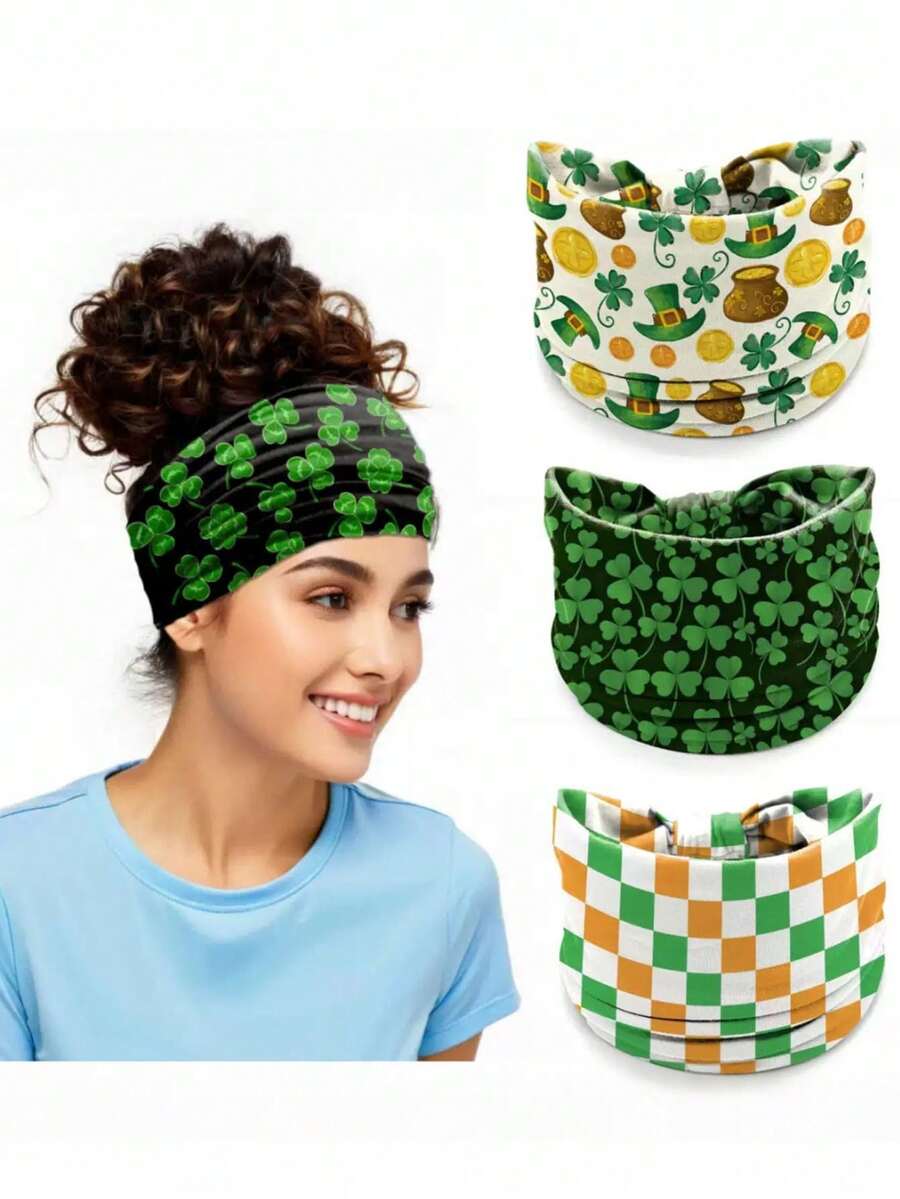 1/3pcs St. Patrick's Day Headband Irish Clover Elastic Headwrap Hair Band Headpiece - Perfect Gift For Friends