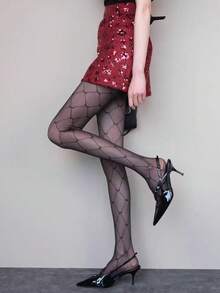 1 Pair New Arrival High-End Jacquard Pantyhose, Grid Stripe Sexy Sweet Sheer Black Tights - Romantic Date, Daily & Evening Party Wear - Black - View 8