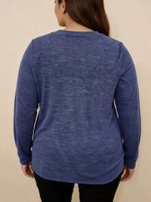 Plus Size Women Casual Rhinestone Embellished Top, Elegant Versatile Round Neck Long Sleeve Top, Suitable For Daily Wear, Spring/Summer - Purple - View 2
