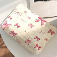 1PCS Corduroy Makeup Bag Pink Bow Pattern Collection Lightweight And Multi Functional Zipper Bag - Perfect For Cosmetics, Travel Essentials, Toiletries Storage Bag Corduroy Fabric - 米色 - 查看 3