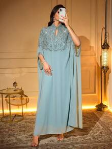 Elegant Long Abaya With Beaded Embroidery And Applique Decor, Keyhole Neckline, Batwing Sleeves, Woven Fabric - Mint Green - View 1