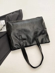 1pc Fashionable High-Quality Solid Color PU Leather Tote Bag, Suitable For Work Commute Or Daily Use, Handheld Or Shoulder Carry - Black - View 9