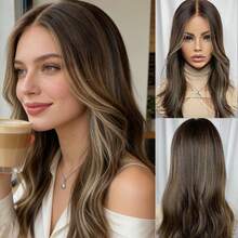 Schwarzbraun mit blonden Highlights lange Lace Front Perücke, farblich gemischtes Haar 13x4 Lace Frontal Perücken, lockige Welle, transparenter vorausgerupfter temperaturbeständiger synthetischer Faserstoff, natürliches Aussehen, Halloween Kostüm, täglicher Gebrauch, Perücke ohne Klebstoff - Verschiedenfarbig - Übersicht 3