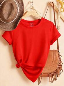 Women's Basic Solid Color Short Sleeve Crew Neck Pure Cotton T-Shirt, Slim Fit Casual Daily Top, Sizes S-XXXL, Soft Breathable Comfortable Tee, Lightweight Summer Fashion Essential, Easy To Match, Classic Style, High-Quality Cotton Fabric, Suitable For All Seasons,  Basic Top For Women - Đỏ - Xem 5