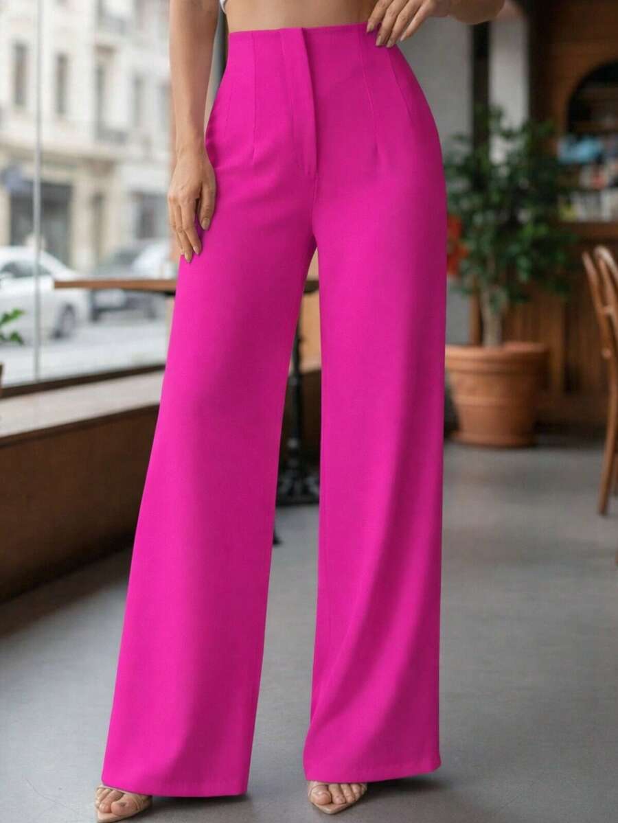 Pantalón Pinzas al Frente y Pierna Amplia. Tela Stretch. - Rosa Fucsia - Ver 1