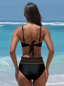 popvil 女士霓虹条纹荷叶边抹胸露背系带比基尼套装，配有可拆卸肩带，适合夏季度假和海滩穿着 - 黑色 - 查看 4
