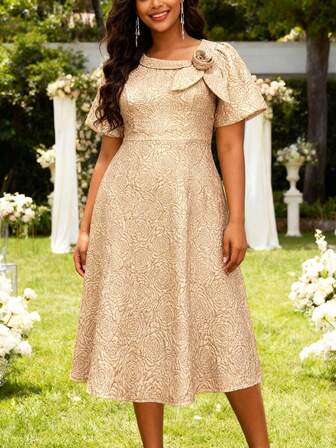 فستان أنيق بأكمام منفوخة على شكل زهور ثلاثية الأبعاد مزخرف بالجاكار، مناسب لحفلات الكوكتيل، حفل التخرج، عيد الميلاد، حفل الزفاف، حفل الحفلات المسائية، وغيرها من المناسبات