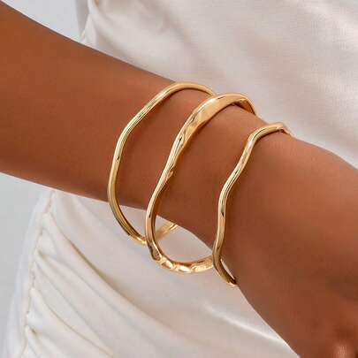 3pcs Minimalist Asymmetrical Geometric Metal Bangle Set