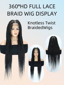 360度高清全蕾丝编织假发，无结编织假发，扭辫假发，带婴儿发的全蕾丝假发，手工钩编合成扭辫假发，36英寸自然黑色，适合日常、节日和派对佩戴 - 彩色 - 查看 3