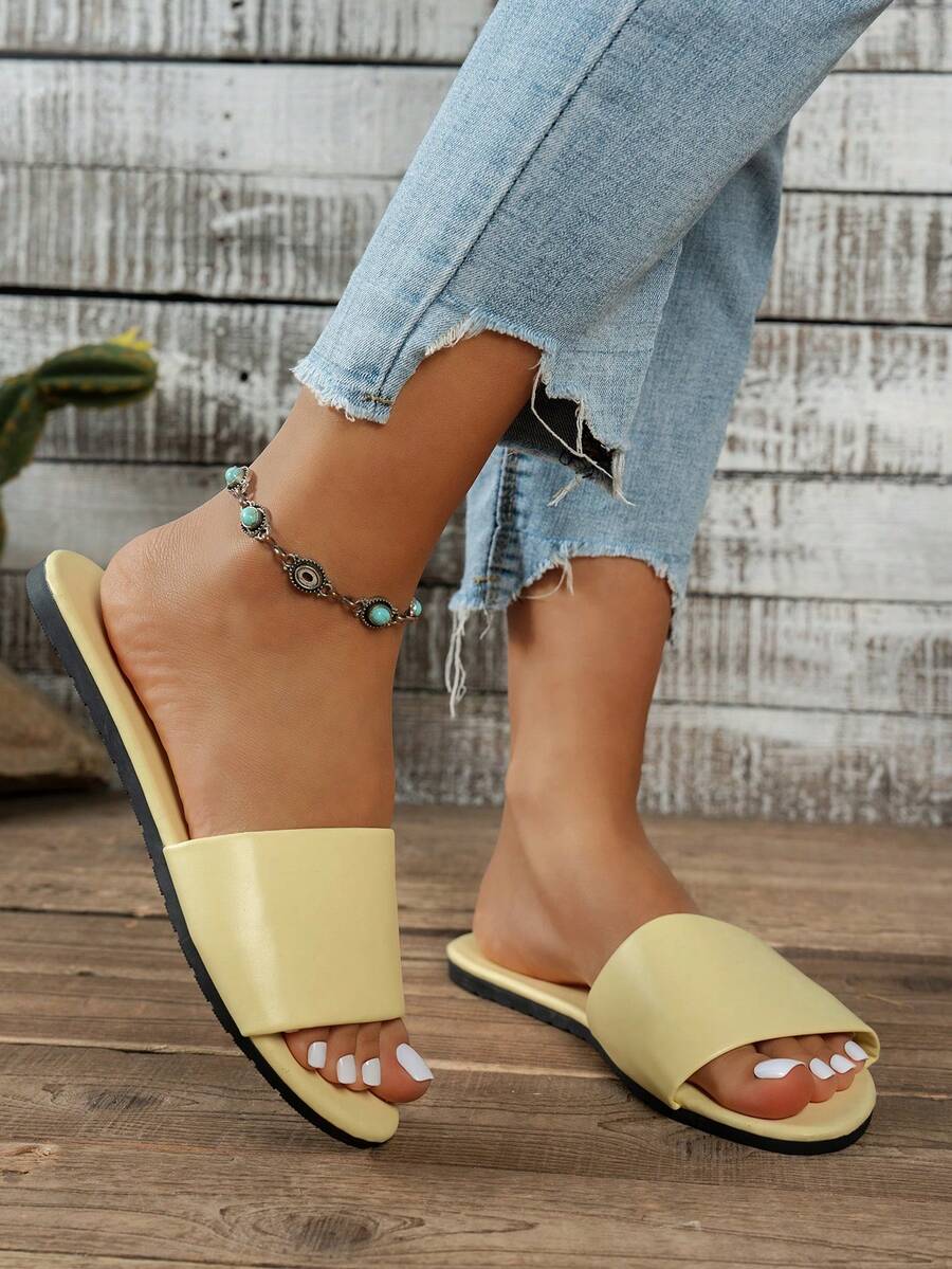 Vintage Solid Color Strap Sandals, Women's Round Toe Flat Non-Slip Slippers,Spring Summer Outfits - Yellow - View 1
