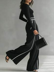 Women's Casual Business Black & White Contrast Pocket Loose Wide Leg Pants - Black - View 2