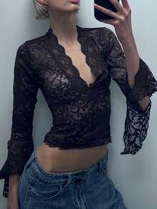 Women's Lace V-Neck Flare Sleeve Casual Top, Sexy For Party, Spring/Summer, Vacation, Street, Valentine's Day - Black - View 1