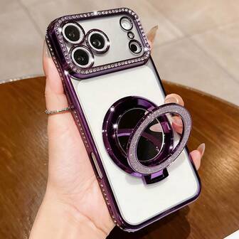 奢华水钻镜头保护镀层防摔手机壳，带闪亮亮片化妆镜指环支架，适用于 17 Pro Max、17 Pro、17、16 Pro Max、15、14 Plus、13、12 Pro Max、11、17 Air、Galaxy、OPPO、荣耀、红米、Note、Infinix 等机型，高品质防震边框后盖