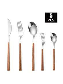 5/20/30件套不锈钢餐具套装，塑料手柄木纹设计，包含刀、叉、勺、甜点勺，适用于餐厅、酒店、婚礼、礼品 - 銀色 - 查看 8