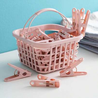 30pcs Plastic Clothes Clips, Laundry Storage Rack With Basket, Spring Loaded Towel Clips