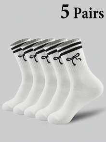 1/5/10 Pairs New Bow Tie Mid-Calf Socks, Thick Mid-Calf Socks With Striped Bow Tie Design, Suitable For Various Outfits, Unisex Couple Mid-Calf Socks
