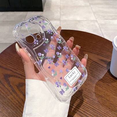 1pc Fashionable Minimalist Purple Floral Transparent Wavy Cream Phone Case, Compatible With IPhone 17, 17 Pro, 17 Pro Max, 17 Air, 16, 15, 14, 13, 12, 11 / S25, 24, 23, 22 Ultra, A52, A53, A54, A55, A56, 07, A17 / OPPO / REDMI Phone Models, Anti-Fingerprint, Shock-Proof, Drop-Proof Phone Case