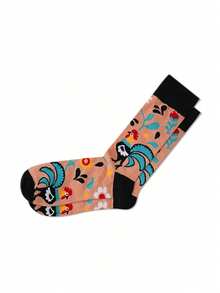 1 par de meias cano médio unissex com estampa colorida de galo na cor marrom claro, respiráveis e ideais para uso diário na primavera e no outono. - Multicolorido - Ver 4