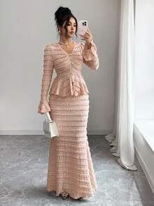 Bộ trang phục nữ thanh lịch màu trơn có họa tiết, kiểu Ả Rập, gồm áo và chân váy, thích hợp cho mùa hè, kỳ nghỉ, ngày Valentine, dự tiệc sang trọng, đám cưới, sinh nhật. - Hồng - Xem 4