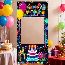 1件彩色生日主题照片背景框，色彩鲜艳，带有“生日快乐”字样、气球和蛋糕图案 - 非常适合公主主题派对装饰、趣味生日派对拍照道具、生日派对装饰拍照亭道具