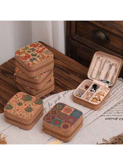 1pc Vintage Premium Soft Cork Jewelry Box, Portable Travel Case For Earrings, Rings, Necklaces And Other Accessories