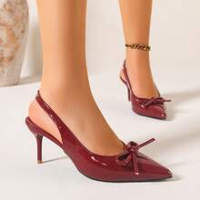 Retro Women's Pointed Toe High Heel Sandals, Bow Decor Slip-On Design, Fashionable Minimalist Daily Commute Outfit, Spring/Summer - Burgundy - View 6