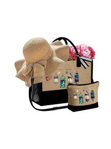 Lantern Pattern For Eid Al Fitr Tote Bag With Makeup Bag And Hat Set; Ladies' Portable Zipper Wallet, Fashionable Travel Wash Bag, Lunch Box Bag, Backpack, School Travel Beach Women's Day Multifunctional Bag, Multifunctional Portable Handbag, University Backpack That Can Hold Textbooks; Holiday Travel Lightweight Bag - Multicolor - View 14