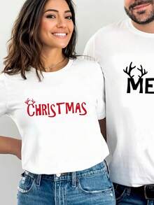 (Paquete individual) Camisetas a juego para parejas de Navidad - Diseño de cuernos de Navidad, perfectas para fiestas navideñas, atuendos festivos, ropa de pareja de temporada, ropa casual de vacaciones, tela cómoda, material transpirable, camisetas de Navidad - Pieza única - Blanca - Para mujer - Ver 1