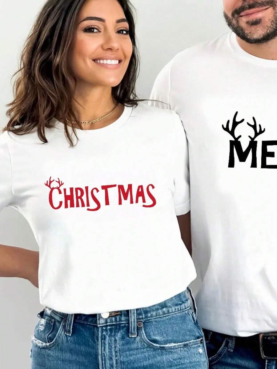 (Paquete individual) Camisetas a juego para parejas de Navidad - Diseño de cuernos de Navidad, perfectas para fiestas navideñas, atuendos festivos, ropa de pareja de temporada, ropa casual de vacaciones, tela cómoda, material transpirable, camisetas de Navidad - Pieza única - Blanca - Para mujer - Ver 1