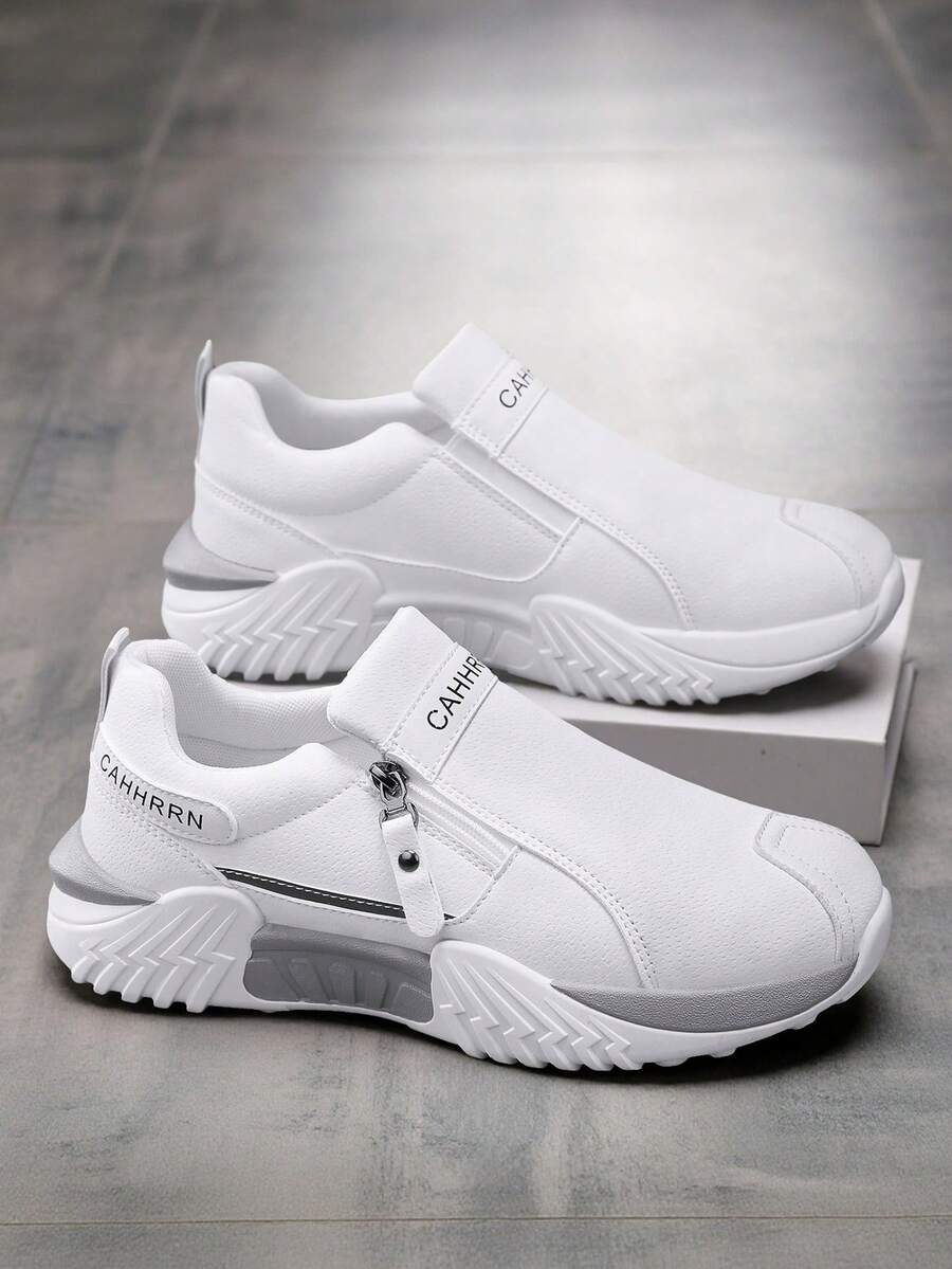 2026 New Men's Casual Sports Shoes, Thick Sole, Anti-Slip, , Low-Top, Round Toe, Side Zipper Design, Comfortable, Solid Color, Letter Print, Stitching, Soft Bottom, Lightweight, Comfortable, Casual, Daily Commute,