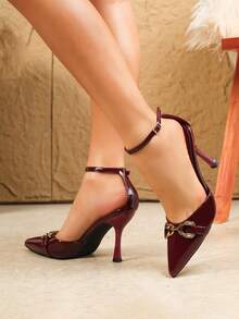 大码女士性感细高跟凉鞋，休闲派对优雅百搭时尚细高跟凉鞋，时尚性感派对细高跟凉鞋，女士步行细高跟凉鞋 - 酒紅色 - 查看 4
