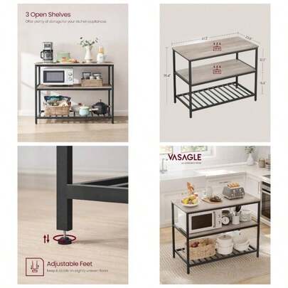 Kitchen Island With 3 Shelves, 47.2 Inches Kitchen Shelf With Large Worktop, Stable Steel Structure, Industrial, Easy To Assemble, Rustic Brown And Black UKKI01BX