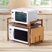 1/ 2-Tier Microwave Stand - Bamboo Wood Kitchen Countertop Organizer With Sturdy Wood Frame, Countertop Organizer With Hooks & Chopping Board Rack, Space-Saving Design For Microwave, Rice Cooker, Oven & Pots Pans, Utility Racks - 1 Tier Rustic Wood Colour - View 2