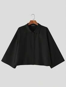 Fashion Mens Buttons 3/4 Sleeve Casual Loose Blouse Summer Holiday Party Shirt Short Tops - 黑色 - 查看 4