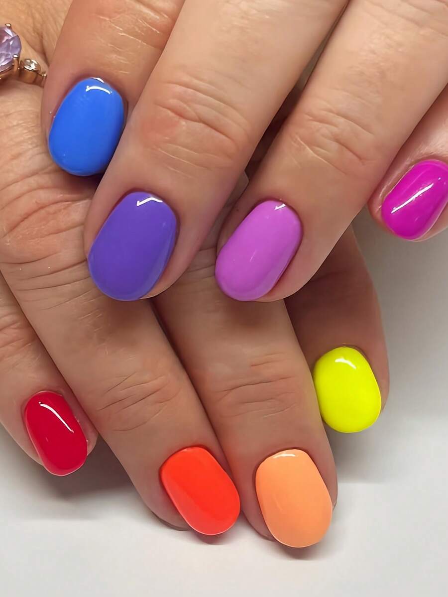 24pcs Short Square Press-On Nails For DIY Manicure! Fashion Classic: Vibrant Contrast Ginger Yellow, Mint Blue Solid Color Press-On Nails; Fresh Spring/Summer: Rose Pink, Deep Purple, Watermelon Red Solid Color Fake Nails; Full Coverage Nail Stickers Suitable For Women & Girls. Includes 1 Adhesive Sticker & 1 Mini Gel Sticker. Random Delivery. - Multicolor - View 1