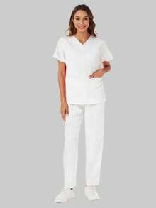 Worker Uniform Set: V-Neck Short Sleeve Top And Pants White Spring - White - View 5