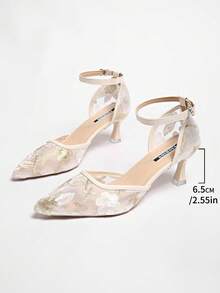 Summer New Lace Closed Toe Sandals Women, Thin Heel Pointed Toe Ankle Strap Elegant High Heels,Kitten Heels - Beige - View 7