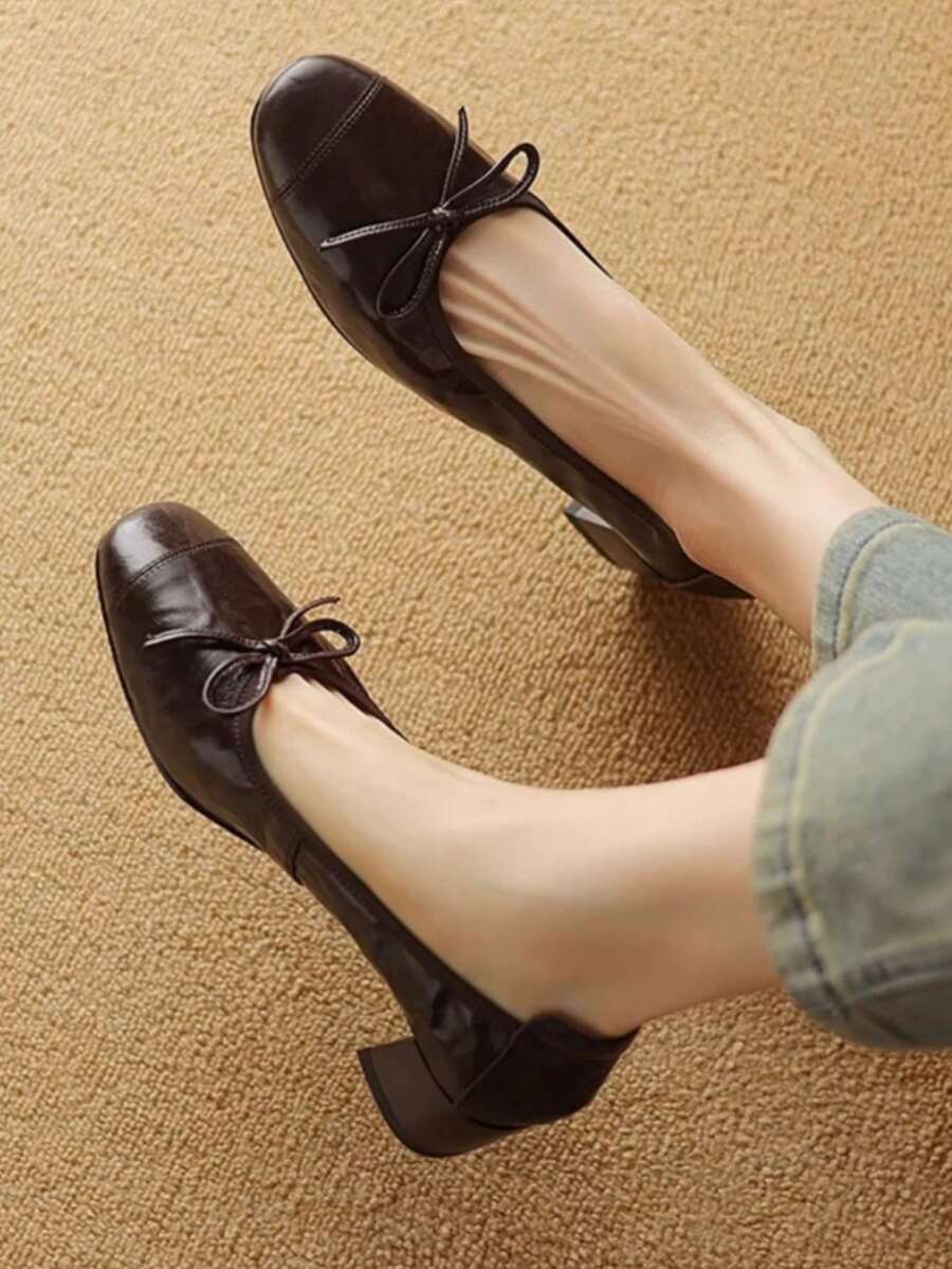 Giày nữ thủ công mới mùa Xuân/Thu 2026, mũi tròn, kiểu dáng slip-on, thắt nơ, đế mềm, đế bằng/cao gót, giày búp bê. - Cà phê nâu - Xem 1