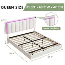 Floating Bed Frame With LED Light, Upholstered Platform Bed With PU Leather, Noise-Free, Easy Assembly, Full/ Queen/ King, Black/ White ( USB LED Strip) - trắng - Xem 8