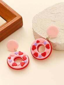 1 Pair Polymer Clay Teardrop Earrings With 3D Heart, Donut Texture, Leopard Strawberry Striped Design, Suitable For Teenage Girls Wear On Weekends, Parties, Travel, And Cute Style Lovers - Sweetheart Clay Earrings In Multiple Colors - View 17