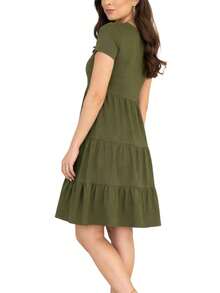 Three-Tiered Dress With Short Sleeves In Knit Fabric, Modest Fashion. - Army Green - View 2