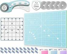 Rotary Cutter Set - Quilting Kit Incl. 45mm Fabric Cutter, 5 Replacement Blades, A4 Cutting Mat, Acrylic Ruler And Craft Clips - Ideal For Crafting, Sewing, Patchworking, Crochet (Turquoise, A4) - MàuD - Xem 1
