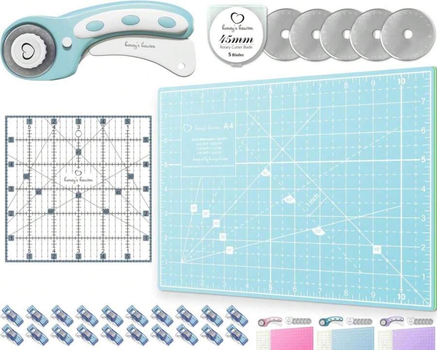 Rotary Cutter Set - Quilting Kit Incl. 45mm Fabric Cutter, 5 Replacement Blades, A4 Cutting Mat, Acrylic Ruler And Craft Clips - Ideal For Crafting, Sewing, Patchworking, Crochet (Turquoise, A4) - MàuD - Xem 1