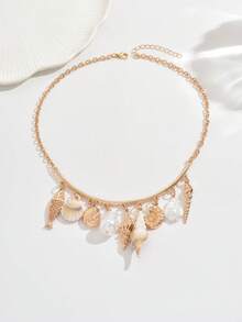 1 chiếc vòng cổ thời trang bằng kim loại mạ vàng, họa tiết đại dương với mặt dây chuyền hình sao biển, vỏ sò, ốc xà cừ, dễ dàng đeo hàng ngày, là món quà lý tưởng cho gia đình/bạn bè. - Vàng - Xem 2