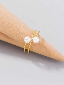 Nooxian 1pc Adjustable Pearl Geometric Open Ring - Yellow Gold - View 3