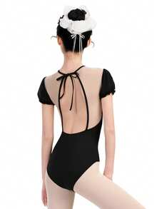 Daydance1 女士芭蕾舞紧身衣，后背系带泡泡袖舞蹈紧身衣，成人网纱拼接体操露背连体衣芭蕾舞服 - 黑色 - 查看 3