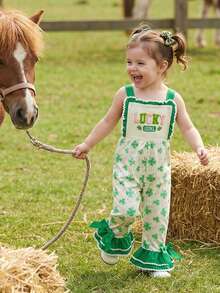 Toddler Baby Girls Spring Jumpsuit Bell Bottoms Shamrock Letter Pattern Ruffled Trim Sleeveless Overalls - Green - View 2