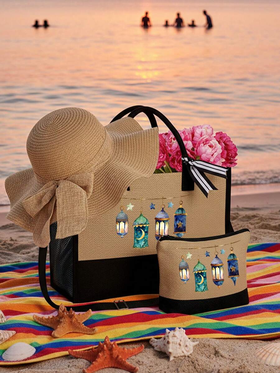 Lantern Pattern For Eid Al Fitr Tote Bag With Makeup Bag And Hat Set; Ladies' Portable Zipper Wallet, Fashionable Travel Wash Bag, Lunch Box Bag, Backpack, School Travel Beach Women's Day Multifunctional Bag, Multifunctional Portable Handbag, University Backpack That Can Hold Textbooks; Holiday Travel Lightweight Bag - Multicolor - View 1